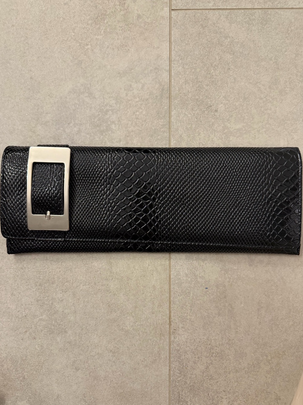 Big Buddha Black Faux-Snakeskin Clutch with Silver Buckle